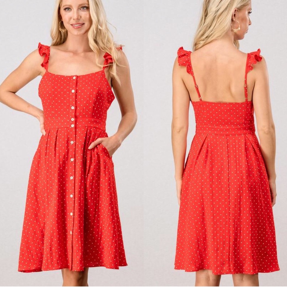 HYFYVE Red Polkadot Button Up Summer Midi Dress - Picture 3 of 7